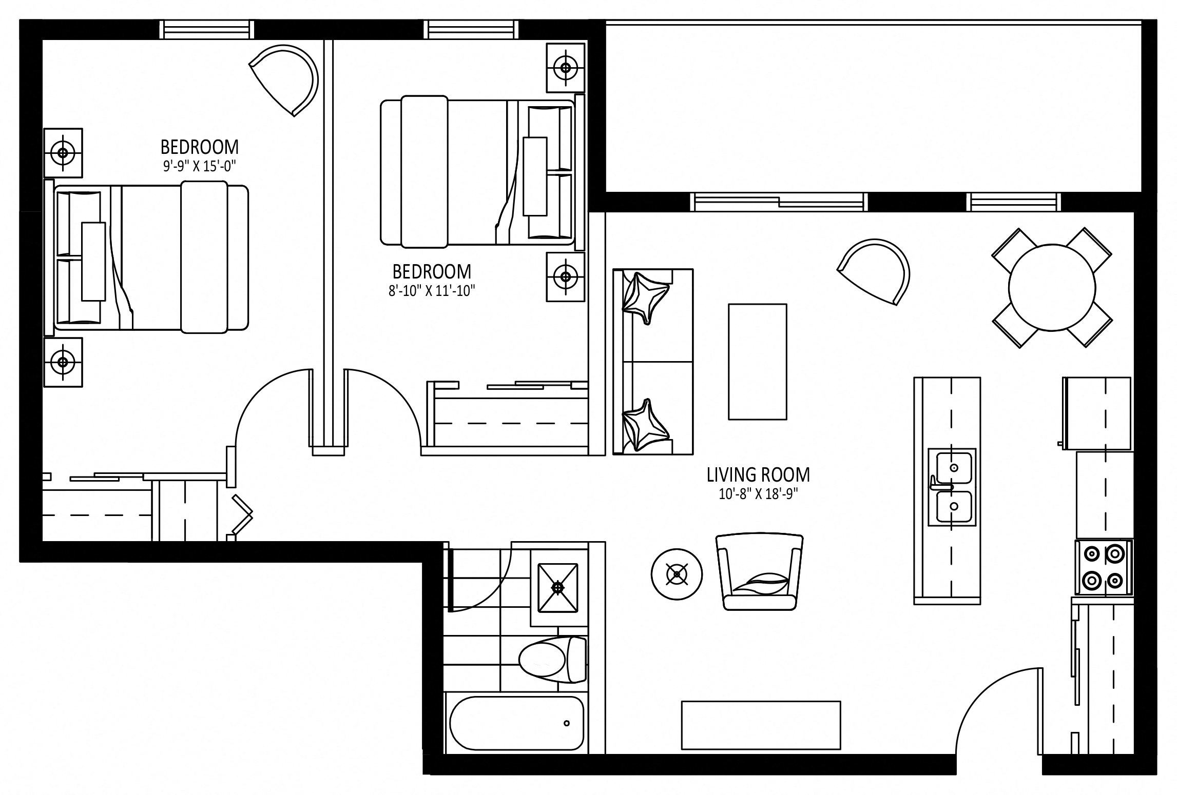 Floor plan for 2 beds, 1 bath, 780 sqft